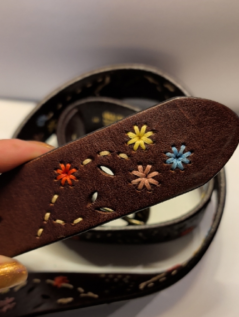 Brown Floral-Accent Leather Belt with Antiqued Brass Buckle - Picture 5 of 13